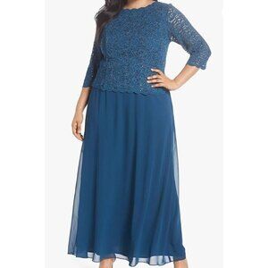 New Alex Evenings Women's Plus Size 16W Stretch Lace Bodice Mock One Piece Gown